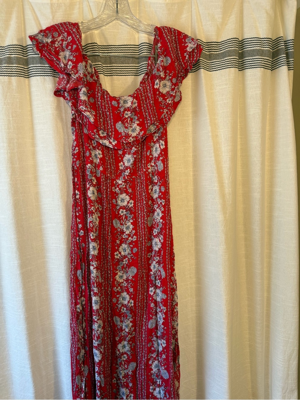 Forever 21 Red Floral Ruffle-Trim off the shoulder Maxi Dress